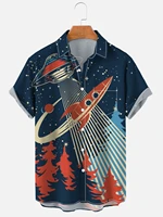 mens retro classic spaceship rocket casual breathable print shirt