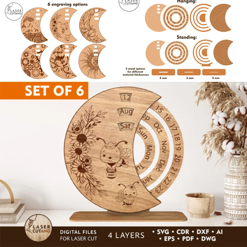 

6 Type of Clock Laser Cut Vector Bundle File Laser Cut Files Graphic SVG DXF EPS AI PDF for CNC Laser/Plasma Cutting Printing En