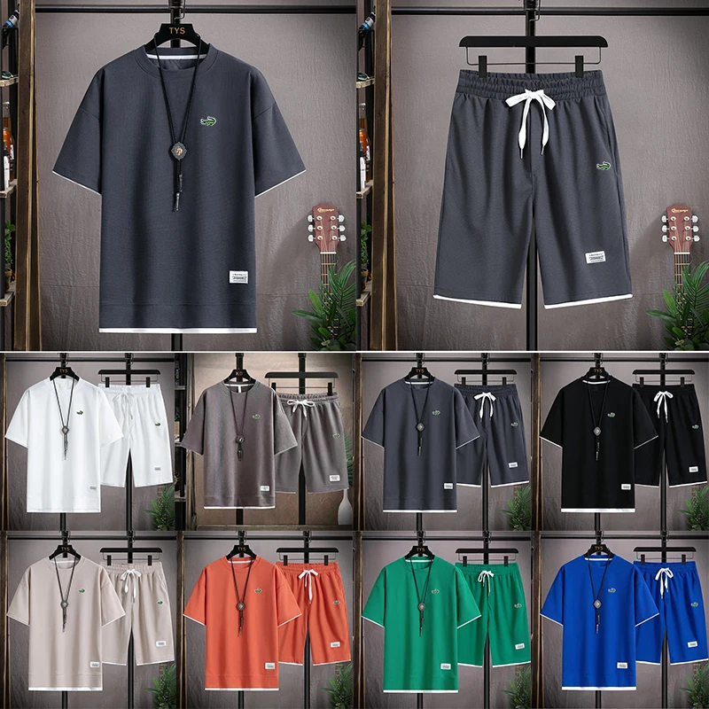 2023 Summer Men's Two Piece Set Linen Fabric Casual T-Shirt and Mens Sports Suit Fashion Short Sleeve Tracksuit