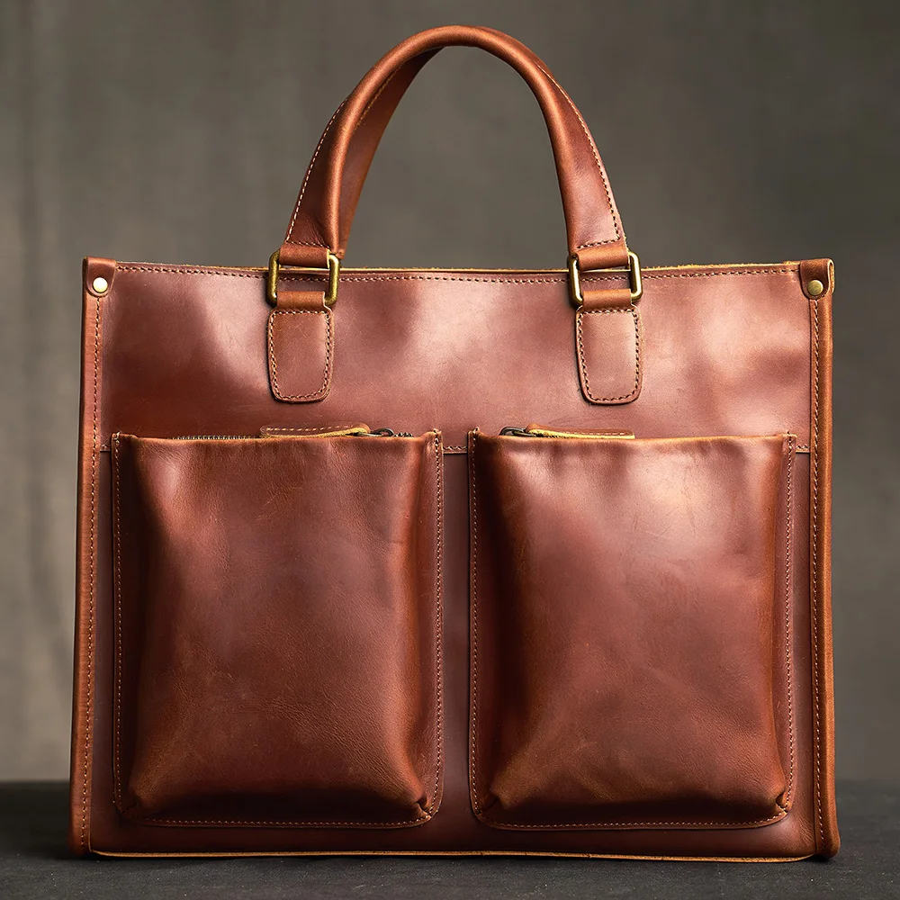 

Genuine Leather Briefcase Vintage Man Handbag Men Shoulder Crazy Horse Leather Bag Brown Business Fashion 14 Inch Laptop Bag