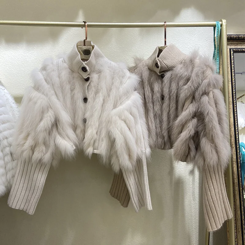 2023 New Design Women Real Fox Fur Coats Winter Fashion Knitted Sweater With Fox Lady Luxury Natural Fur Jacket DBL5418