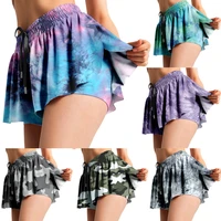 women fake 2 pc shorts elastic waist tie dye lacing sport quick dry print shorts skirts camouflage fitness running workout pants