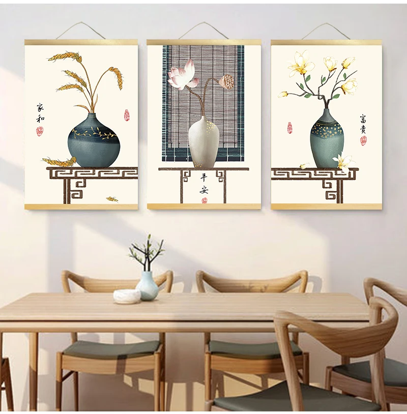 Chinese style green plants canvas decorative painting Store bedroom living room wall art solid wood scroll customizable |