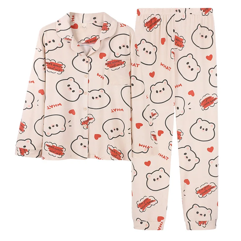 

Bear Pajamas Women's Spring/Autumn Long-sleeved Korean Student Thin Lapel Cardigan Button Home Service Two-piece Kawaii Clothes