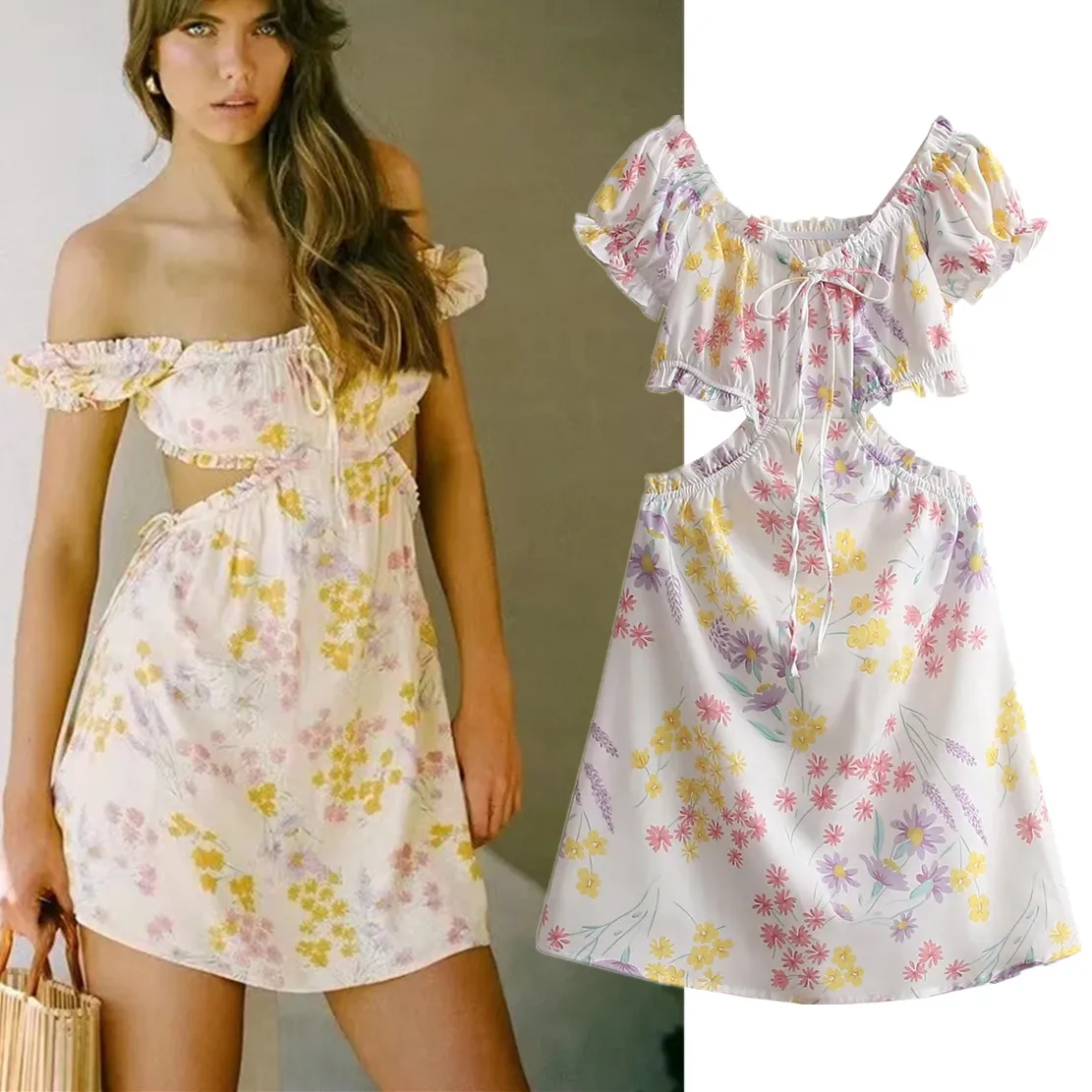 

Dave&Di 2022 Indie Folk Linen Casual Summer Dress Ins Blogger High Street Vintage Hollow Out Waist Off Shoulder Sexy Mini Dress