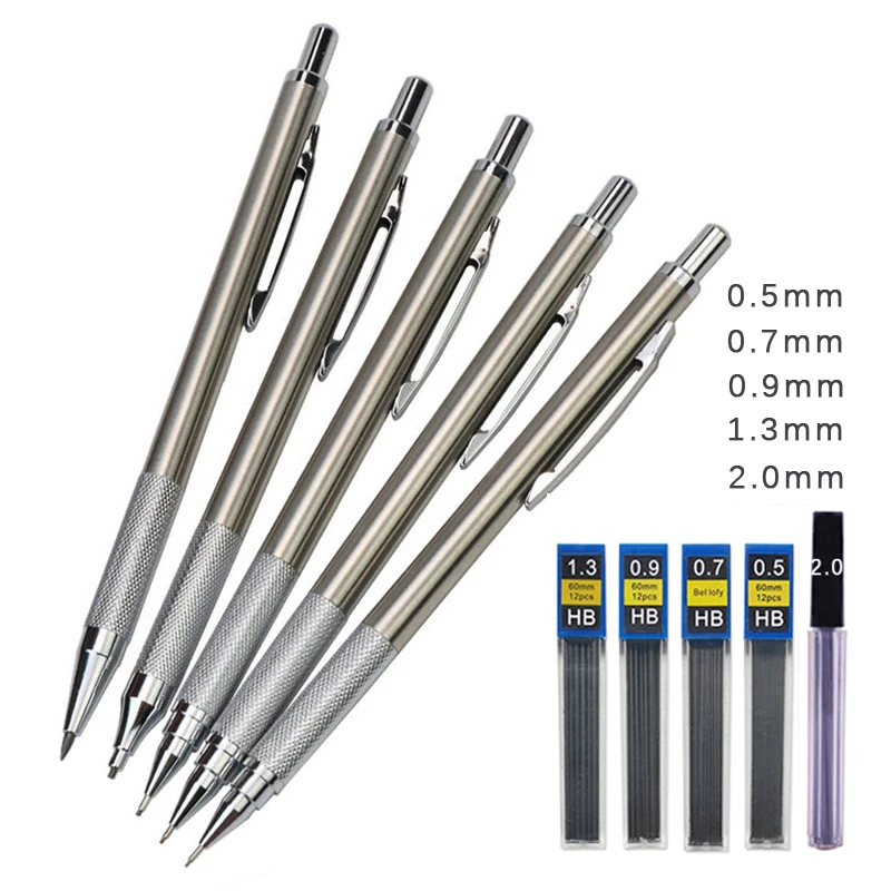 0.5 0.7 0.9 1.3 2.0mm Metal Mechanical Pencil Students Art Drawing Design HB Black Lead Set Copper and Stainless Steel Materials