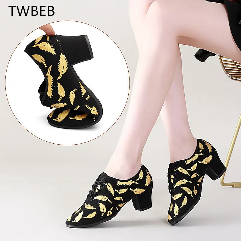 

Soft Bottom Women's Ballroom Dance Shoes for Women's Tango Latin Dancing Shoes Jazz Salsa Shoes Golden Feather Stretch Fabric