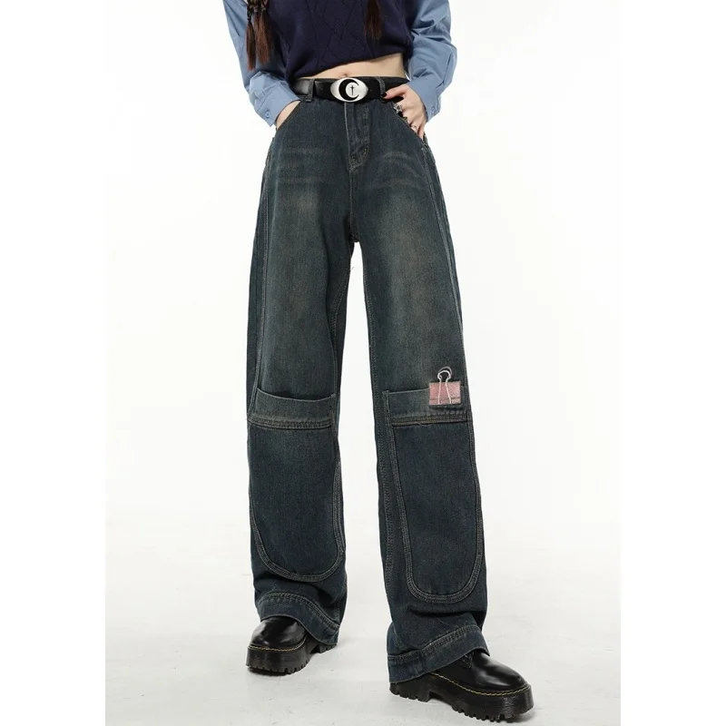 

Синие женские джинсы с вышивкой, американская мода, винтажные уличные джинсы с широкими штанинами, женские джинсовые брюки, прямые мешковат...