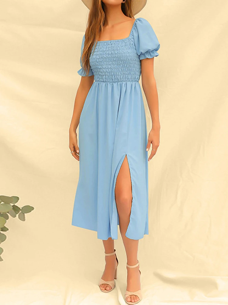 

Женское платье с коротким рукавом, повседневное однотонное синее платье-трапеция с квадратным вырезом и оборками, лето 2022