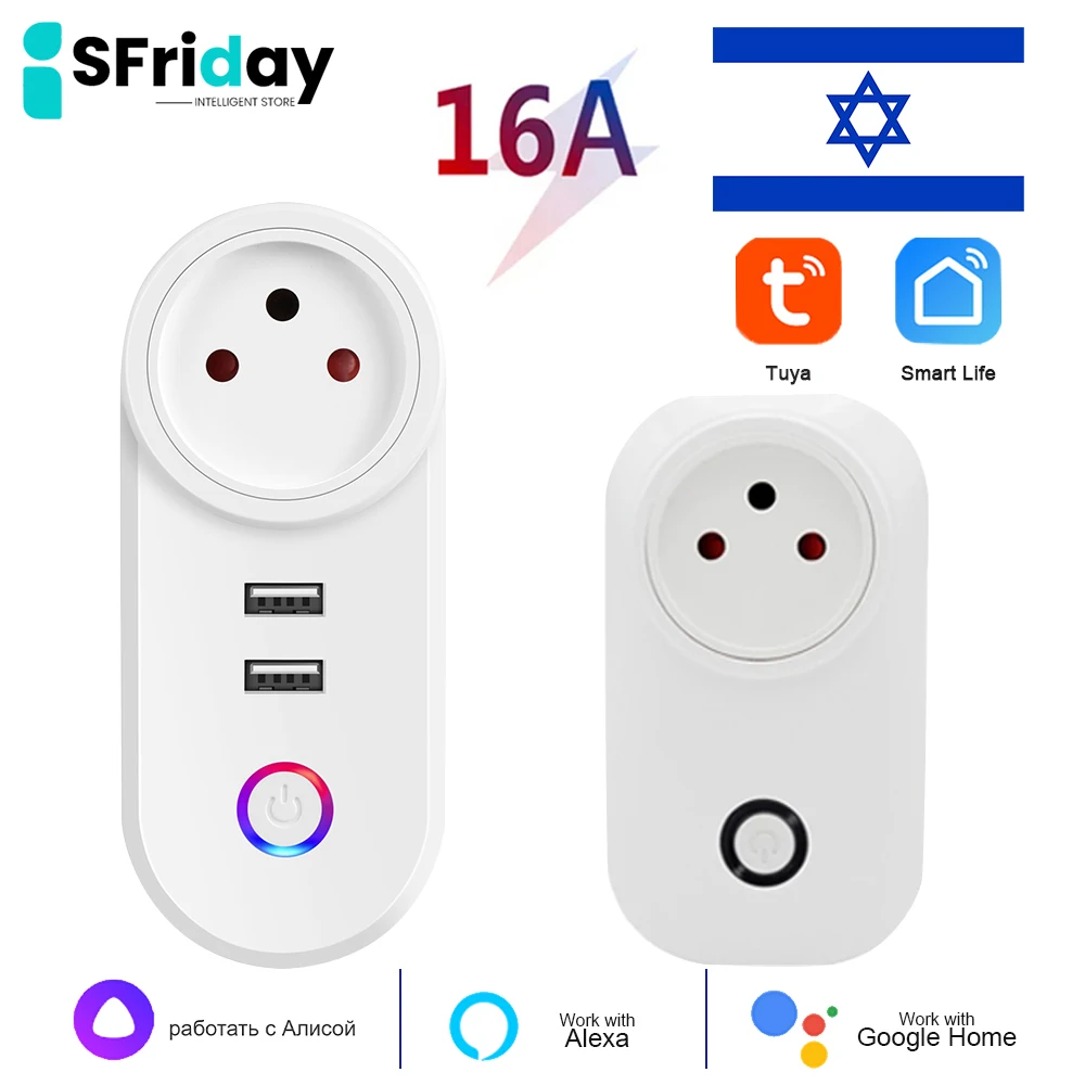 

IsFriday Smart Socket Israel With USB 16A Tuya Wifi Plug Smart Life App Remote Control Timer Support Alexa Google Assistant