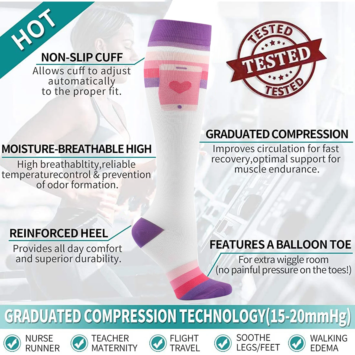 Men Women Compression Socks Best Graduated Athletic 15-20 Mmhg Professional Nursing Socks Fit Running Travel Hiking Sports Socks