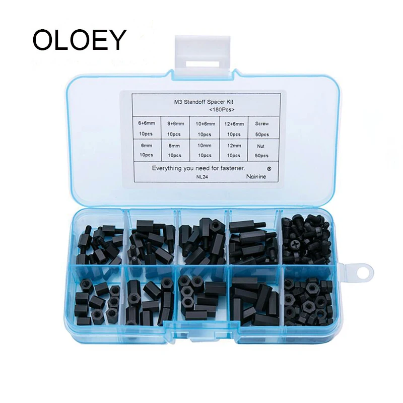 

180Pcs/lot M2 M2.5 M3 M4 Female Male Hex Nylon Standoff Spacer Column For PCB Motherboard Fixed Plastic Spacing Screws Set NL001