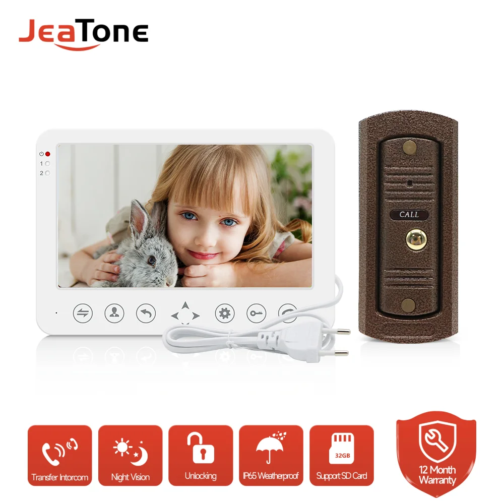 JEATONE 1200TVL Video Intercom for Home 7 Inches Wired Video Door Phone System with Waterproof Doorbell Camera, Unlock and Monit