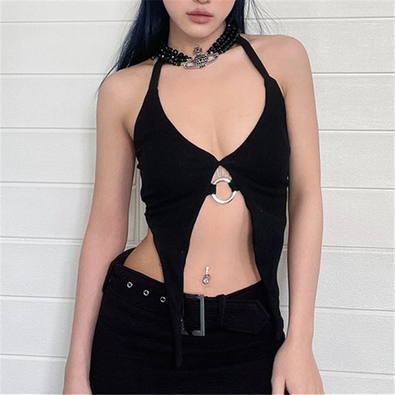 

Women Halter Tops Club Solid Color Lace-up Gothic Asymmetrical Backless Y2k Fashion Cropped Top Young Girl Skinny Tank Top Black