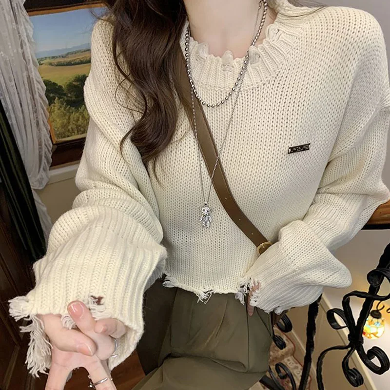 

Hole Women Oversize Cropped Knitted Sweater Korean Fashion Loose Pullovers Autumn Winter Casual Long Sleeve Tops