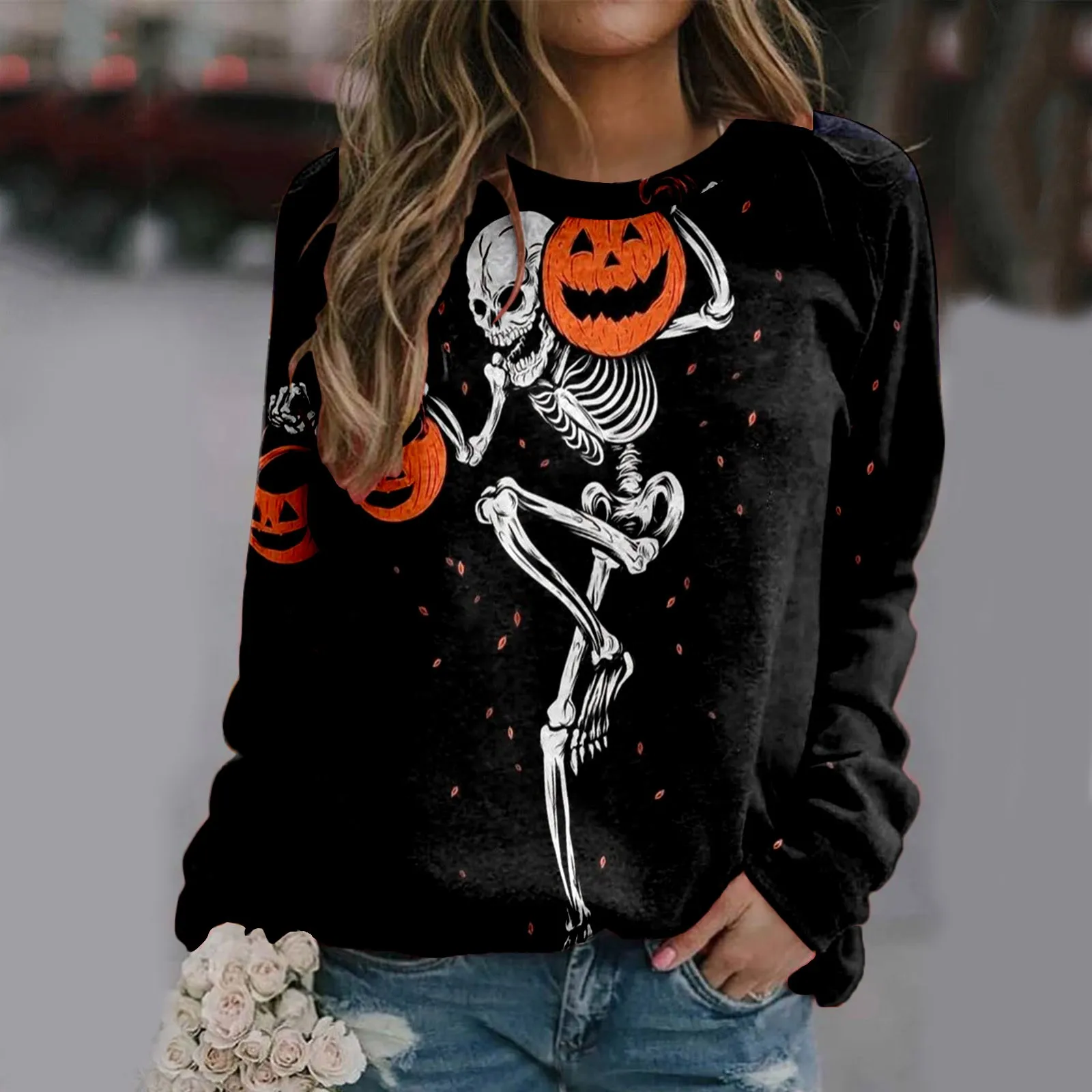 

Womens Round Neck Long Sleeve Printed Pullover Fashion Halloween Top Sweatshirt Pocket Sleeve Pocket Sweatshirt