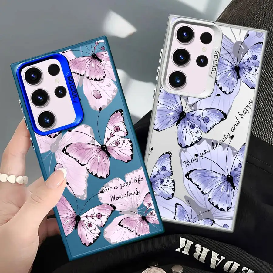 Shockproof Case for Samsung Galaxy S23 S24 S22 Ultra S20 FE S21 Plus Note 20 Hard Shell Phone Cover Pink And Purple Butterfly