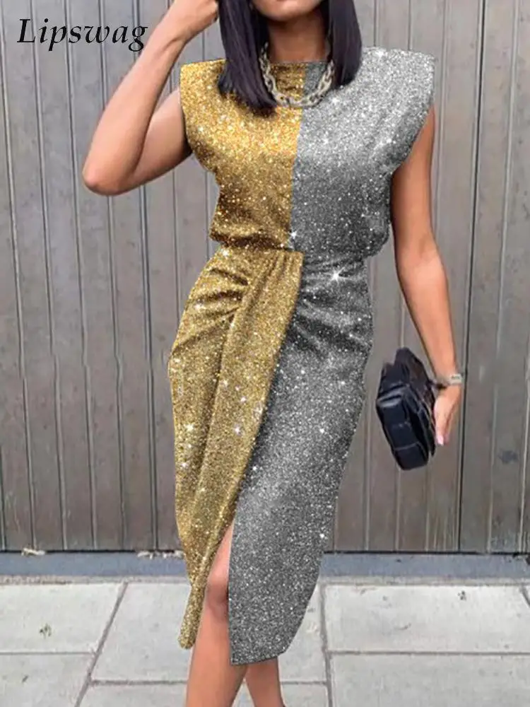 Женское платье без рукавов с круглым вырезом и разрезом |