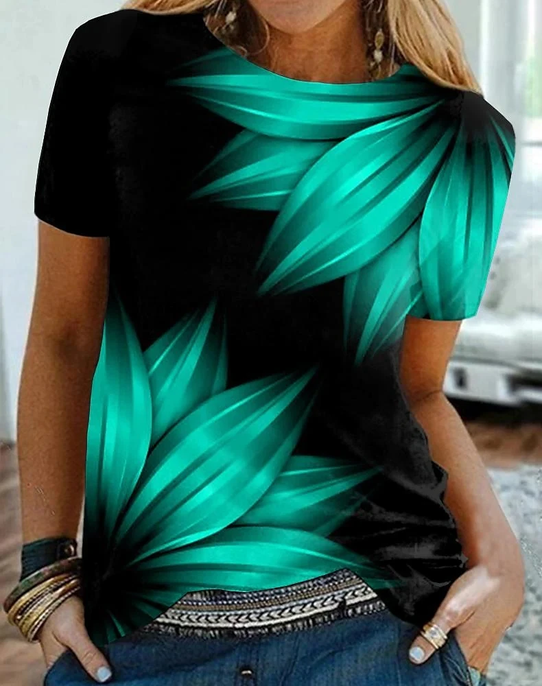 

2022 Summer Women's Abstract Leafs Painting T Shirt Abstract Print Round Neck Basic Vintage Tops Loose Plus Size