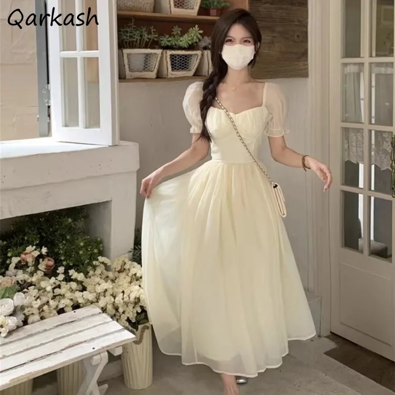 

Dress Women High Waist Square Collar Bodycone Gentle French Stylish Elegant Gauze A-line Summer Aesthetic Vestido Girlish Casual