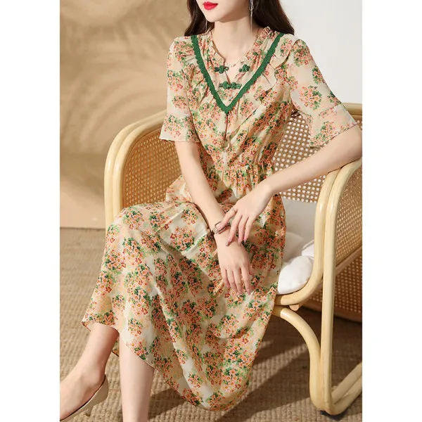 Винтажное шифоновое летнее платье в китайском стиле для женщин с V-образным
