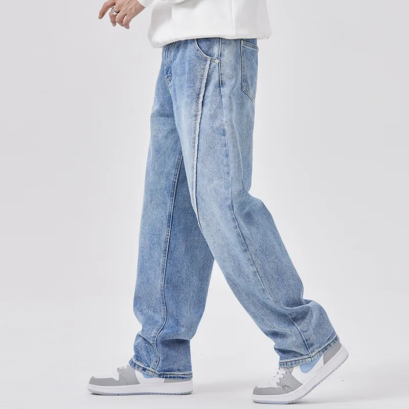 New Irregular Striped Washed Retro Wide Leg Jeans Pants Men and Women Vibe Style Straight Hip Hop Loose Denim Trouser Light Blue