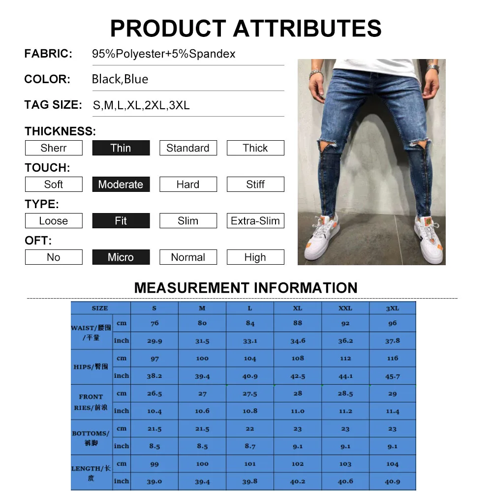 Men Jeans Ripped Skinny Hole Trousers Stretch Slim Denim Pants Large Size Hip Hop Black Blue Casual Zipper Jogging Jeans For Men