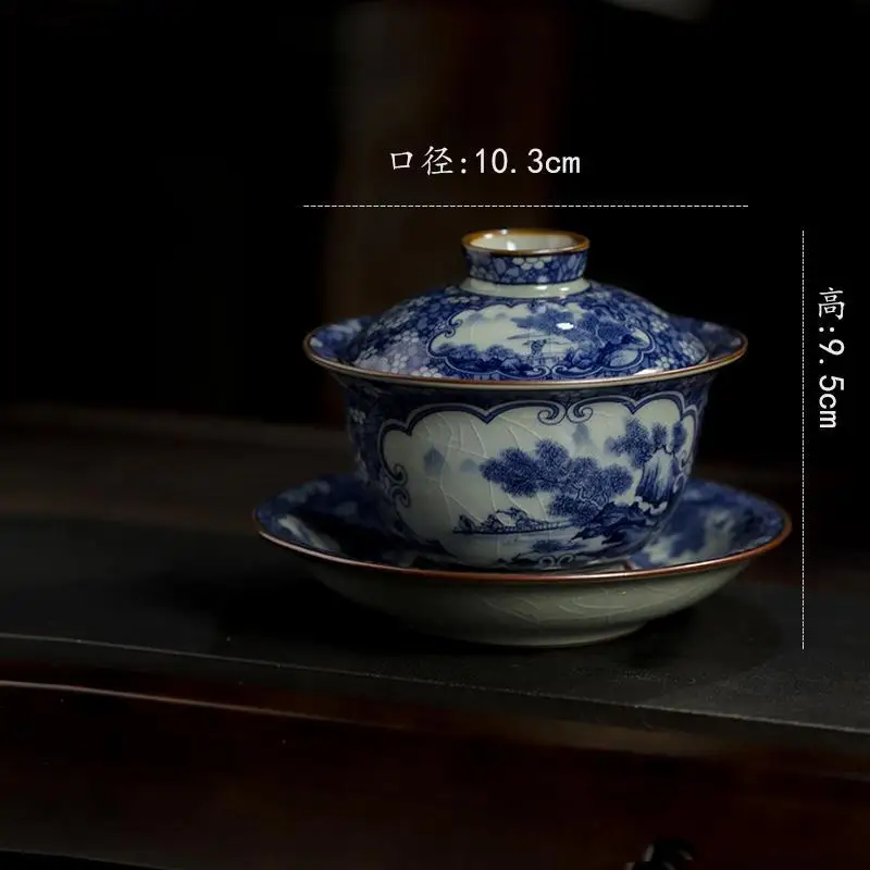 Jingdezhen Firewood Kiln Blue and White Porcelain Gaiwan Suit Cover Bowl Set Not Scald Single Brewing