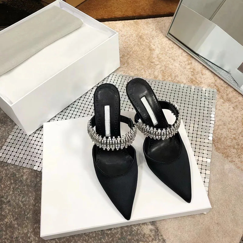 2022 European and American new women's mules, pointed toe high heels diamond decorated party shoes