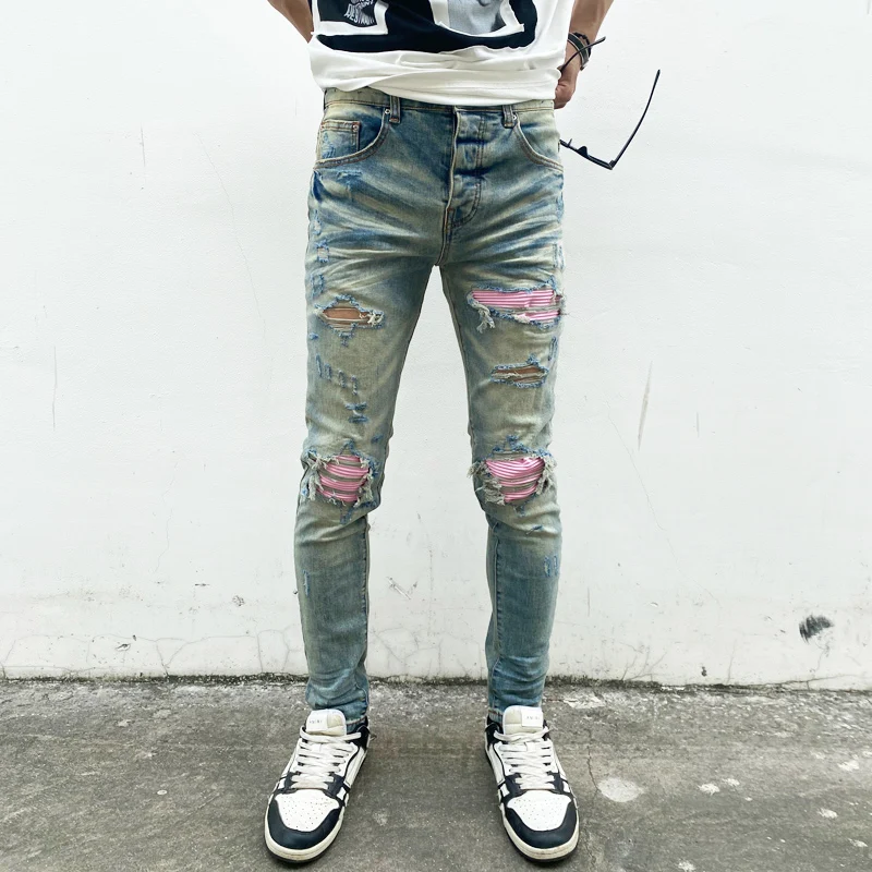 High Street Fashion Men Jeans Retro Blue Elastic Stretch Skinny Fit Ripped Jeans Men Pink Patched Designer Hip Hop Brand Pants