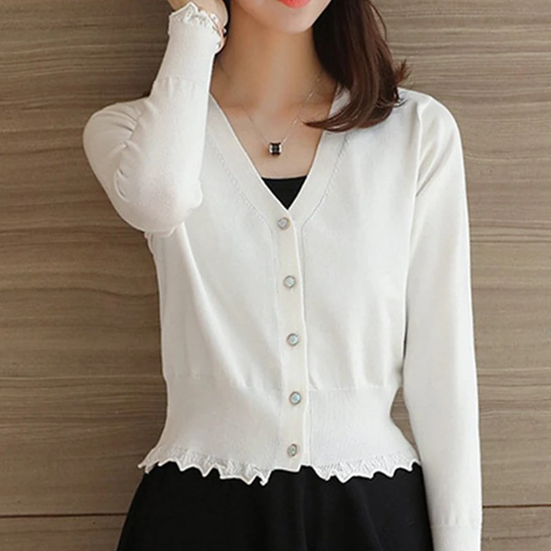 

2022 New Spring Autumn V Neck Single Breasted Solid Color Knitted Cardigan For Women's Fashion All Match Sweater