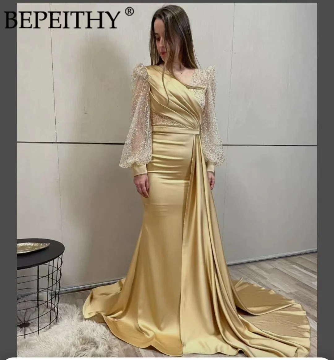 

BEPEITHY 2022 New Design Vestido De Festa V-Neck Court Train Evening Dresses Long Sexy Yellow Mermaid Prom Gowns Custom Made
