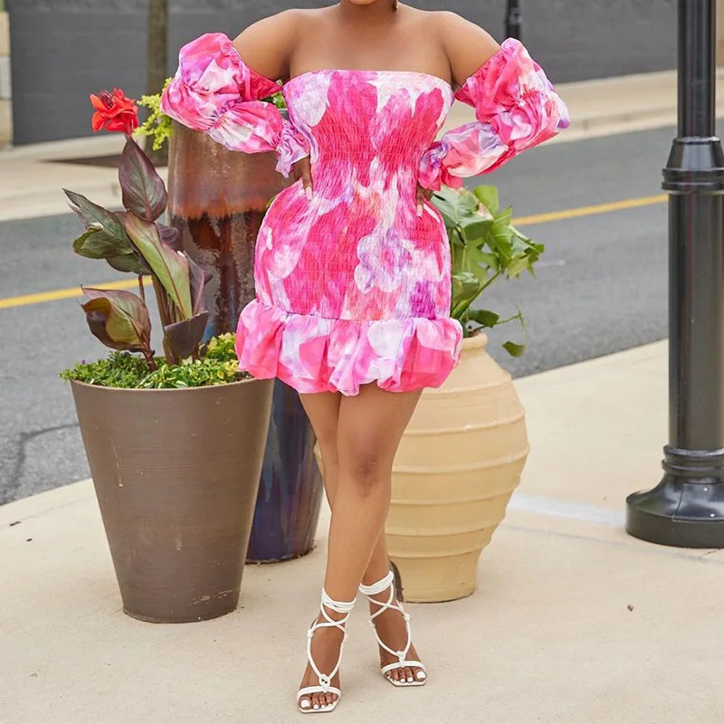 

2023 New Women's Sexy Dress Spring/Summer Women's Fashion Sexy Print Off Shoulder Bubble Sleeve Wrap Hip Dress Women