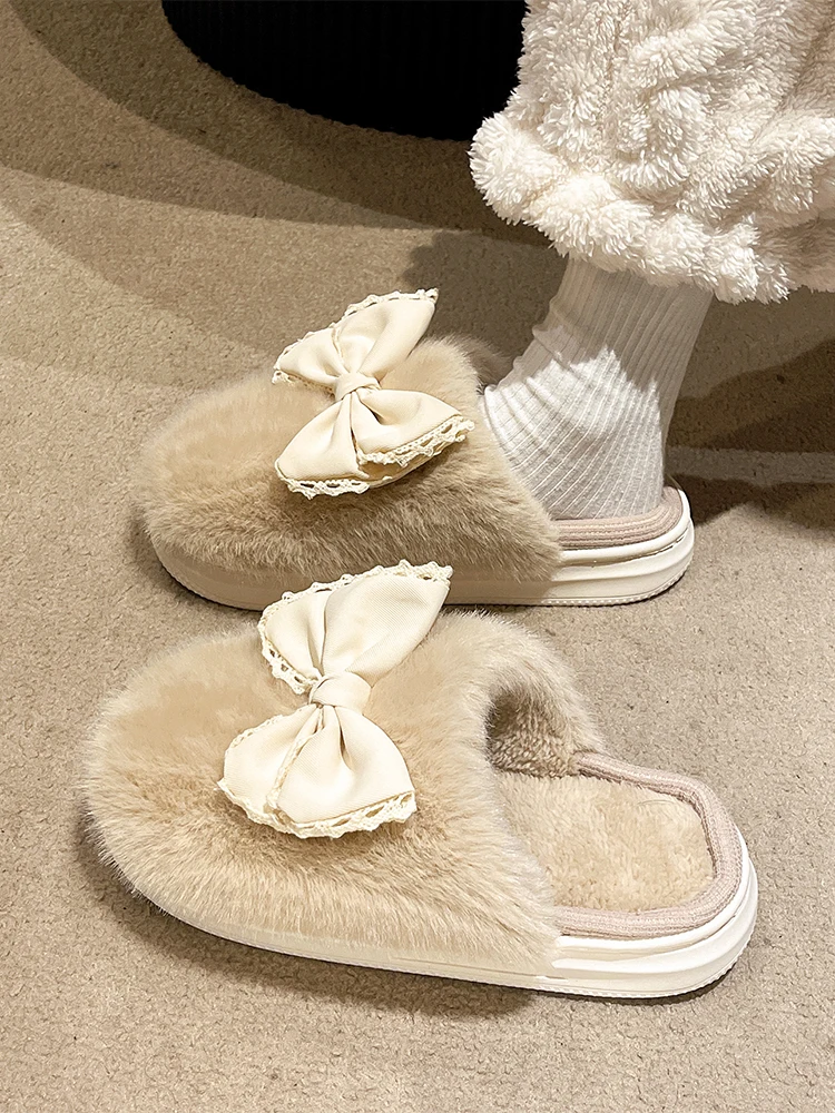 

Fur Shoes Womens Slippers Outdoor Slides Platform Med Butterfly-Knot Flock Cover Toe Fashion Pantofle Plush Massage Flat Luxury