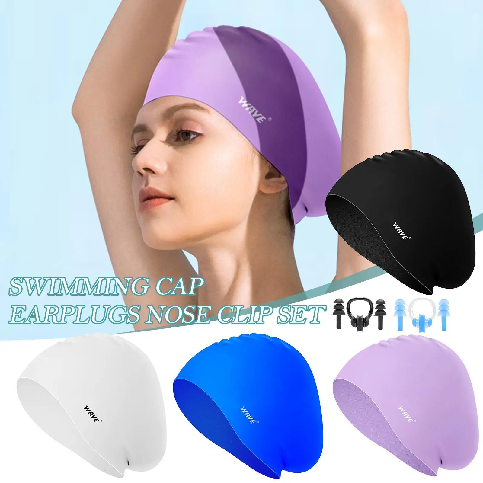 

High Elastic Swimming Caps Men Women Waterproof Swimming Pool Silicone Cap Protect Ears Hair Diving Hat With Earplugs Nose Clip