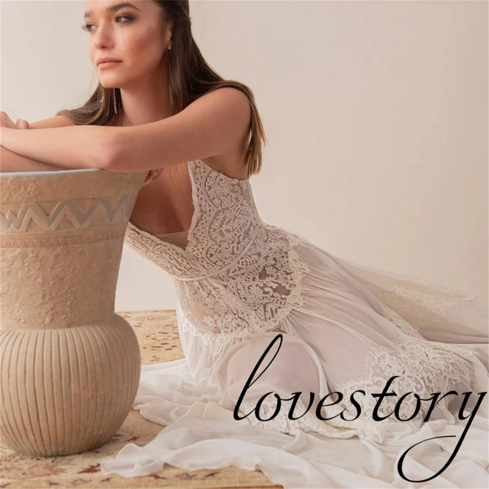 Фото Vestidos гражданское кружевное богемное пляжное свадебное платье на бретелях-спагетти для женщин 2024 халат Женское сексуальное свадебное платье №4