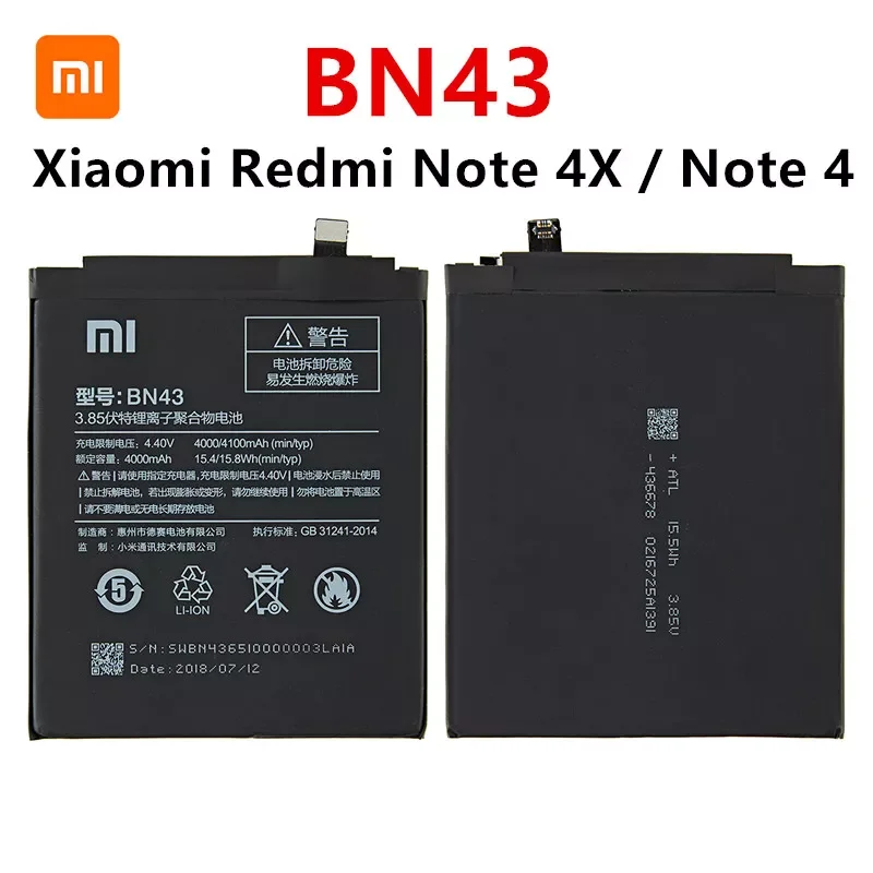 

100% Orginal BN43 Battery 4000mAh For Xiaomi Redmi Note 4X / Note 4 global Snapdragon 625 High Quality BN43 Battery
