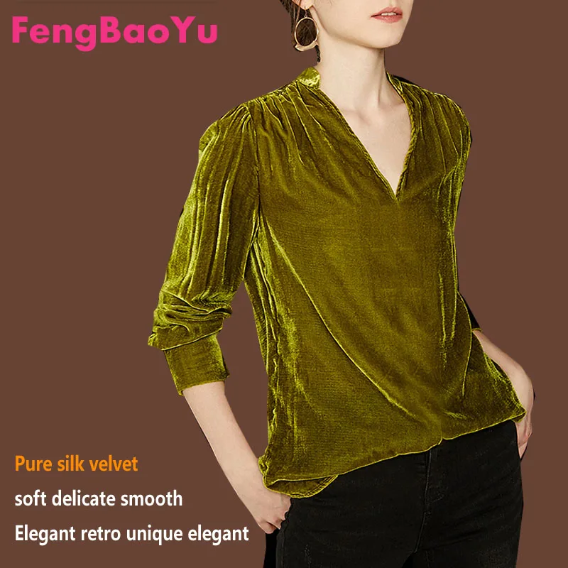 Fengbaoyu Velvet Autumn Winter Lady Long-sleeved Deep V-collar T-shirt Black Street Blouse 4XL Clothes for Women Free Shipping