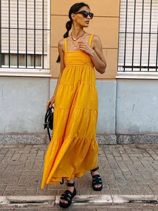 Long Dresses For Women 2022 Elegant Empire Waist Tiered Hem Casual Cotton Dress Ruched Bust Spaghetti Strap Summer Maxi Dress