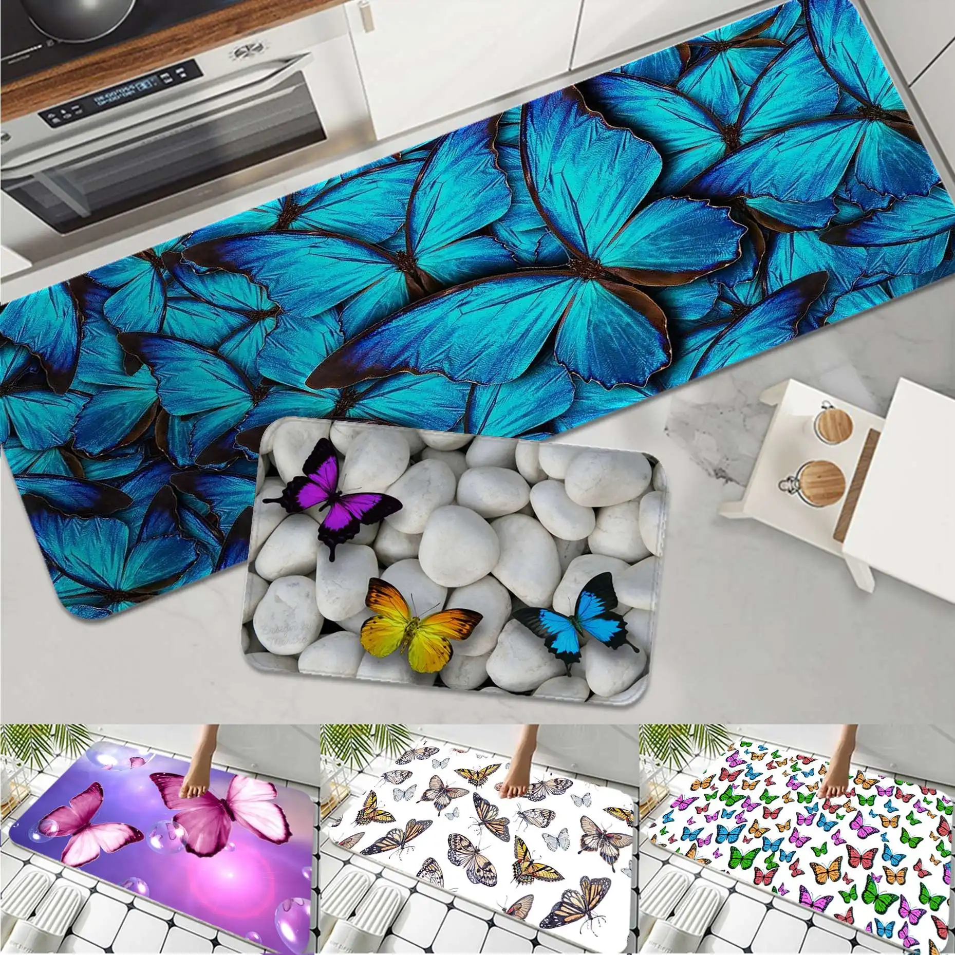 

Beautiful Flower Butterfly Printed Flannel Floor Mat Bathroom Decor Carpet Non-Slip For Living Room Kitchen Welcome Doormat