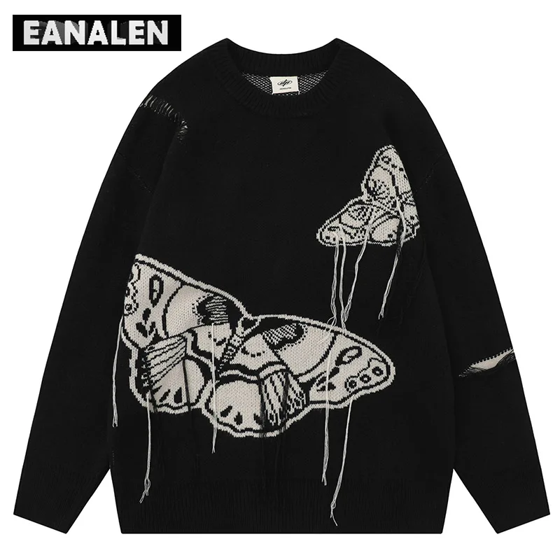 

Черный рваный свитер в стиле Харадзюку, мужской зимний джемпер, вязаный пуловер, винтажный Готический Свитер С Рисунком бабочки, уродливый женский свитер Y2K