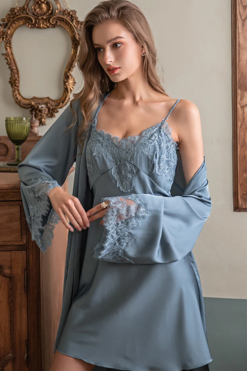 2022 spring autumn women ice silk pajamas imitated-silk long-sleeved sexy home dress robe silk suspenders nightdress two-piece s