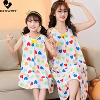 new mother daughter summer nightdress sleeveless cartoon heart loose dress for girls women mom mommy and me nightgowns nightwear