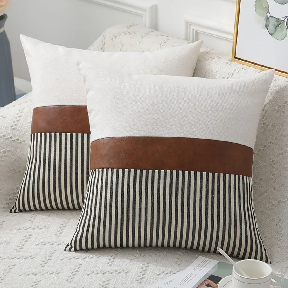 

DecorUhome Luxury Throw Pillowcases For Pillows 45x45 Cushion Cover Leather Splice For Living Room Sofa Waist Pillow Office