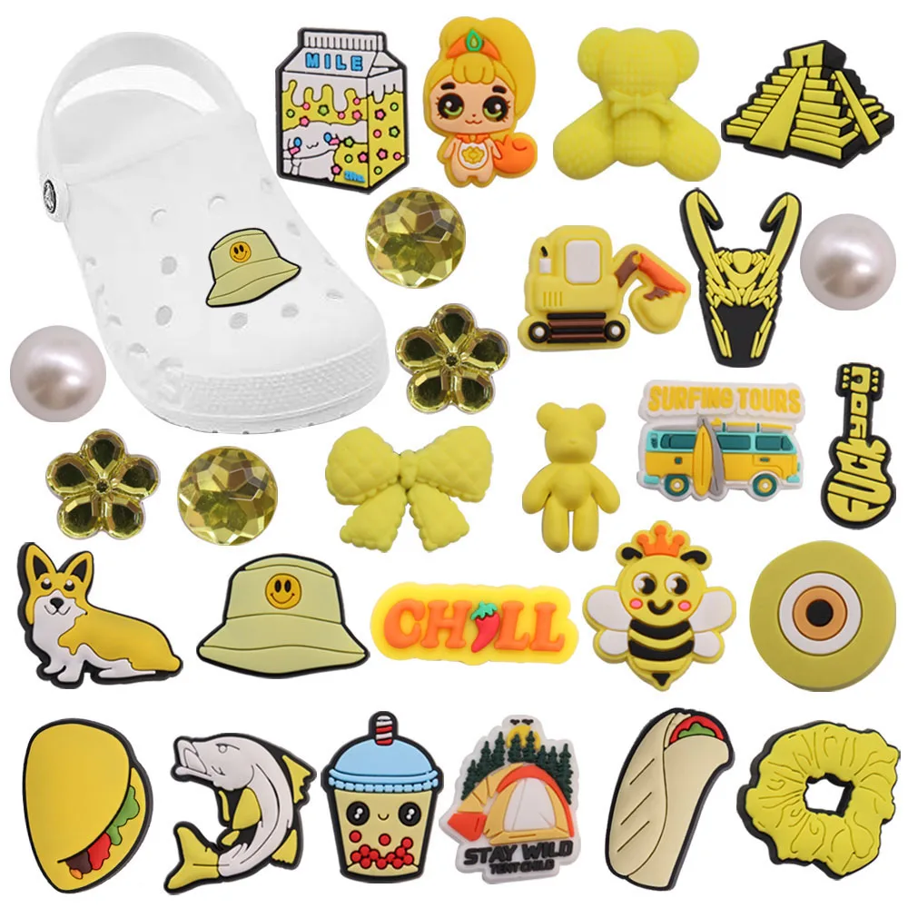 

Mix 50Pcs PVC Croc Charms Fish Milk Bear Chili Camping Taco Digger Drink Dog Hat Slipper Accessories Decorations for Bands