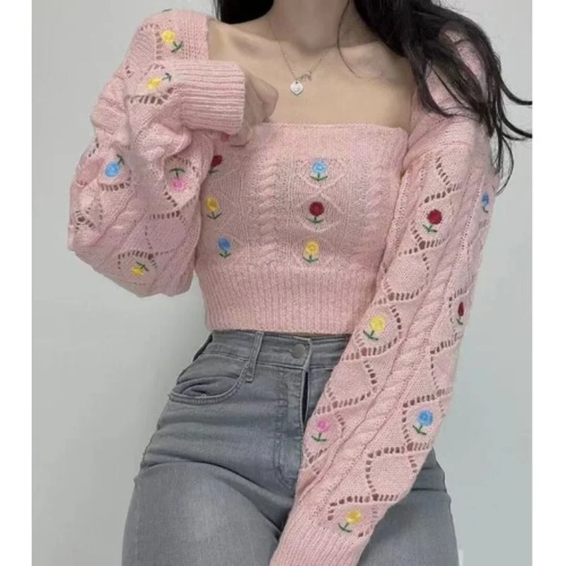 

Sexy Sweet Vest Camisole Top Fashion Sets Autumn Thin V Pink Shawl Cardigan Long Sleeve Flower Embroiderys Sweater Knitted