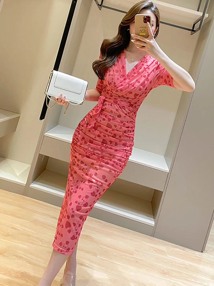 Женское повседневное длинное платье в горошек розовое элегантное Сетчатое с