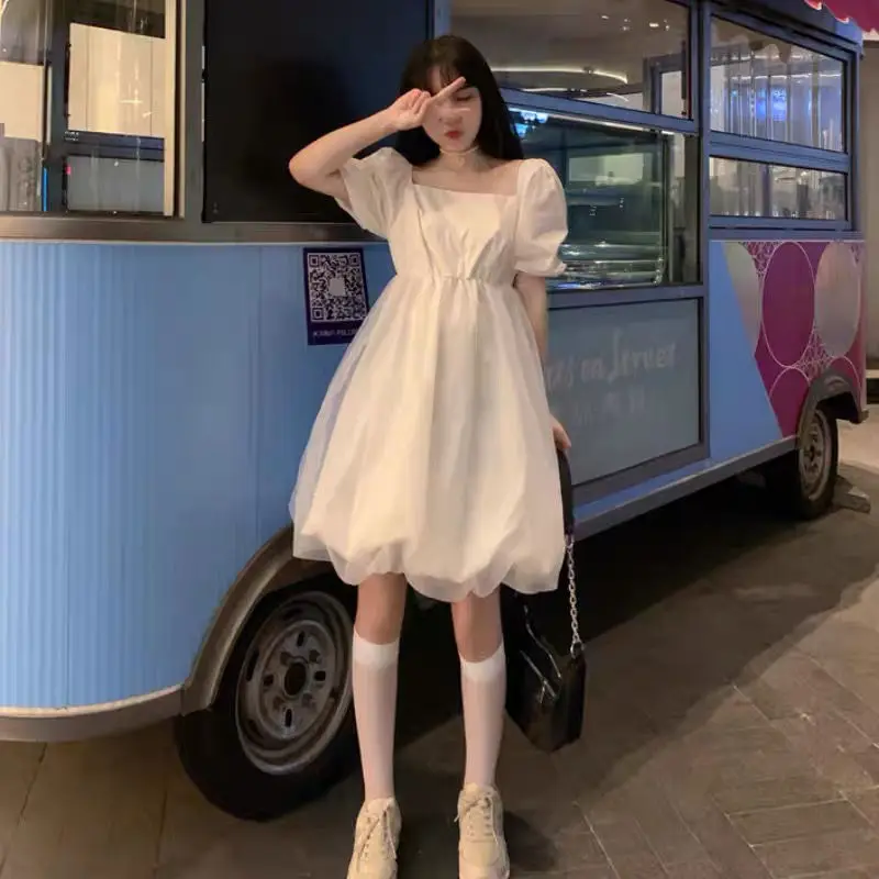 

2022 New Women White Dress Mini Dress for Girl Fairycore Kawaii Puff Sleeve Short Dress Korean Fashion Clothes Japanese Harajuku
