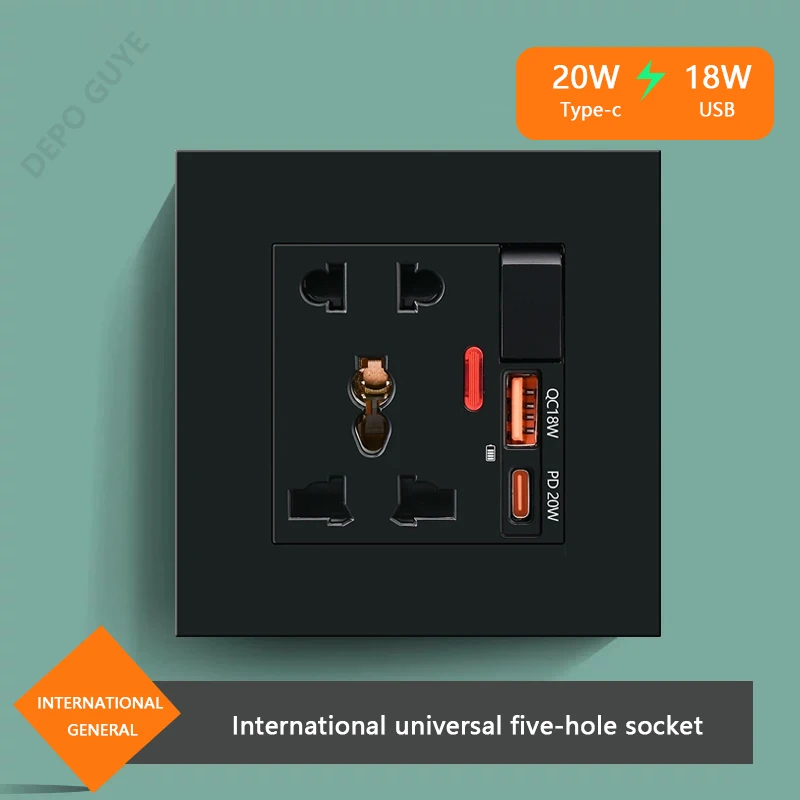 

Универсальная вилка типа C, 20 Вт, 5-контактная настенная розетка для быстрой зарядки, 220 В, пластиковая электрическая настенная розетка с зарядным устройством USB C постоянного тока 5 В, 3 А