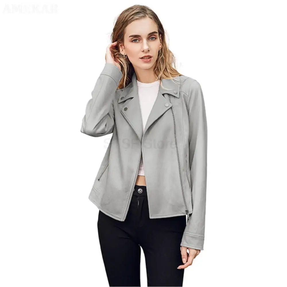Women Real Suede Pure Color Jacket Long Sleeve Zipper Pocket Short Moto Biker Coat Ladies Lapel Genuine Leather Leisure Top